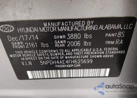 2015 Hyundai Elantra Se from USA, damaged, VIN 5NPDH4AE4FH625699